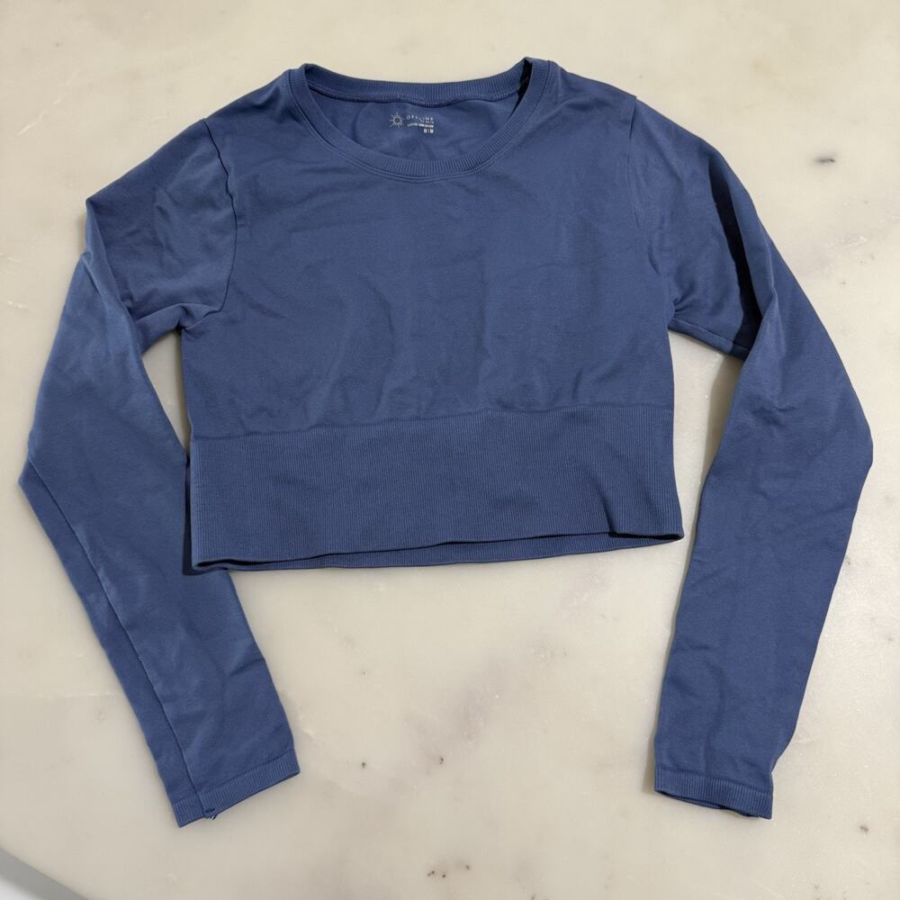 OFFLINE by Aerie Sidewalk Seamless Long Sleeve Cropped T-Shirt Marbled Blue Sz M